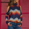 Aachoae Women Blouses Sexy Cold Shoulder Tops Casual Turtleneck Knitted Top Jumper Pullover Print Long Sleeve Shirt Blusas