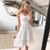 Simplee Casual white women summer beach dress Bow-knot shoulder embroidery hollow out female midi dress backless dress vestidos