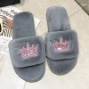 Women Fur Slippers Winter Plush Warm Flat Indoor Shoes Female Fashion Crown Pattern Home Pink Women Fluffy Slippers Slides