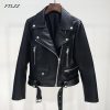 FTLZZ New Autumn Women Pu Leather Jacket Woman Zipper Belt Short Coat Female Black Punk Bomber Faux Leather Outwear