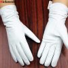 Leather gloves sheepskin gloves white female models elastic thin cashmere lining weatherization armband sets free shipping 2018