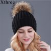 Xthree mink and fox fur ball cap pom poms winter hat for women girl ‘s hat knitted  beanies cap brand new thick female cap
