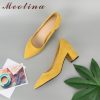 Meotina Thick High Heels Shoes Women Pumps Pointed Toe Work Shoes Slip On High Heels Spring Footwear Big Size 9 42 43 Red Yellow