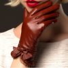 BOOUNI Genuine Sheepskin Gloves 2020 Fashion Wrist Lace Bow Solid Women Leather Glove Thermal Winter Driving Keep Warm NW176