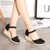 Veowalk Vintage Women Sandals Casual Linen Canvas Wedge Sandals Summer Ankle Strap Med Heel Platform Pump Espadrilles Shoes